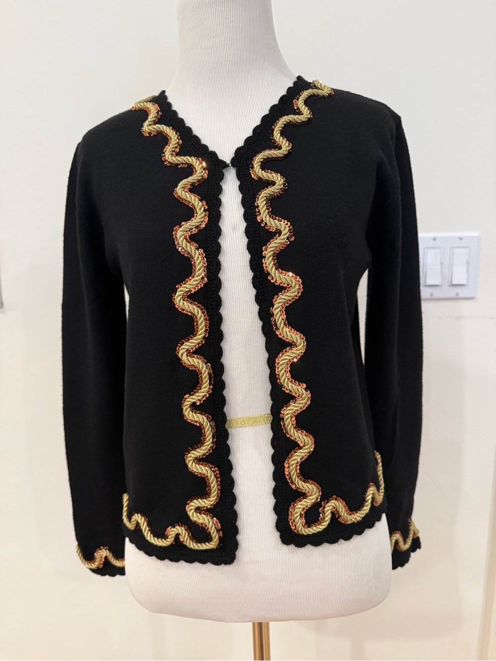 100% Merino Wool Sweater Cardigan in Black with Gold/Bronze Trim